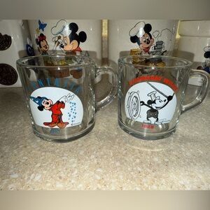 Disney Mickey Mouse Clear Glass Mugs 2 1928 Steamboat Willie 1940 Fantasia